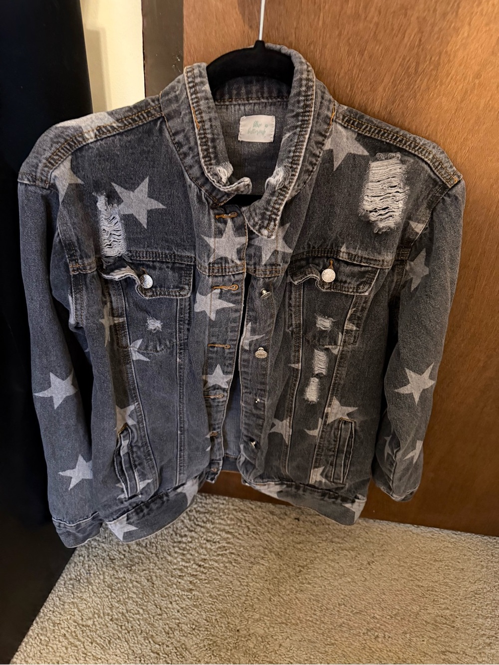 Star Print Distressed Denim Jacket - Gray